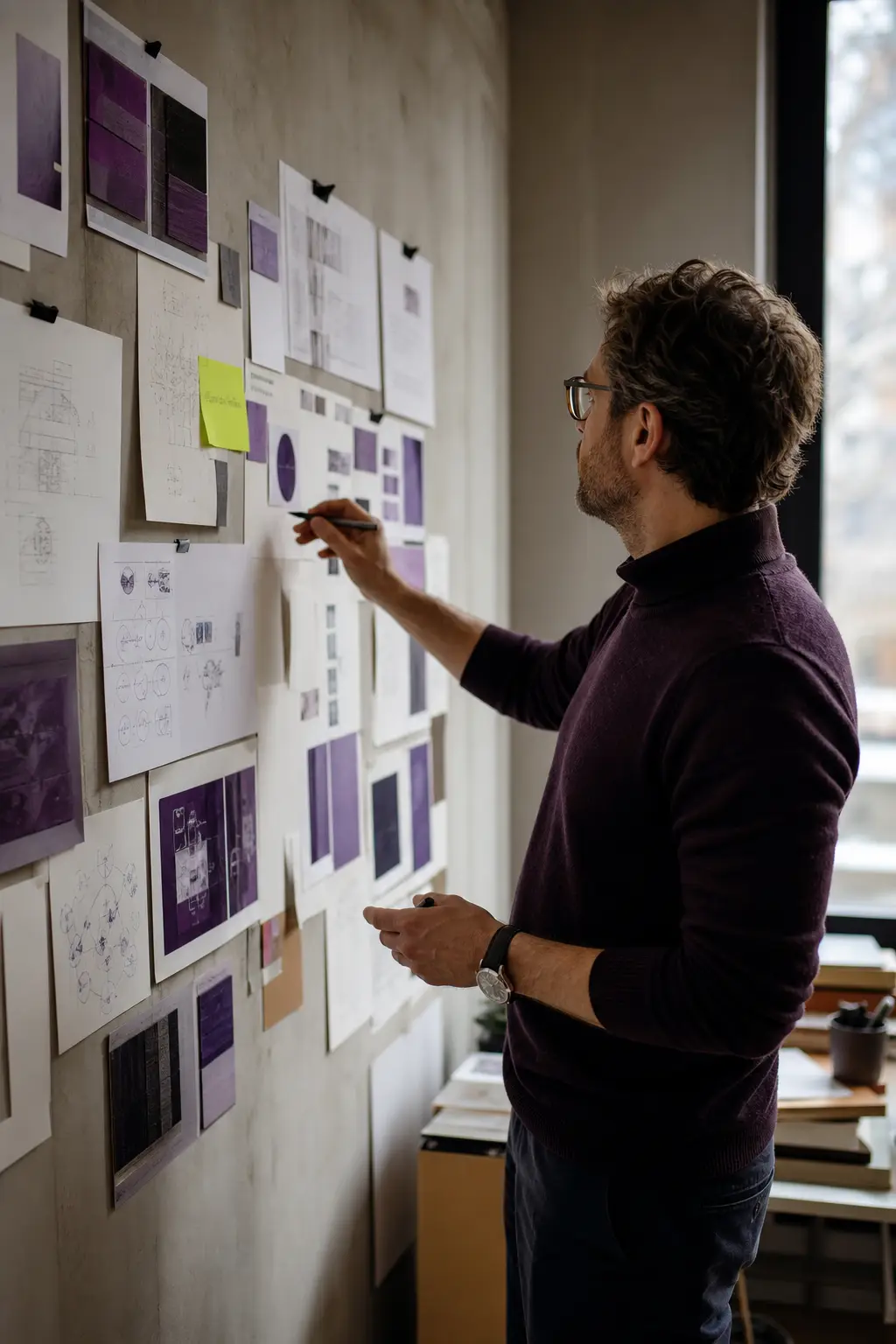 Un entrepreneur relie des documents sur un mur de planification.