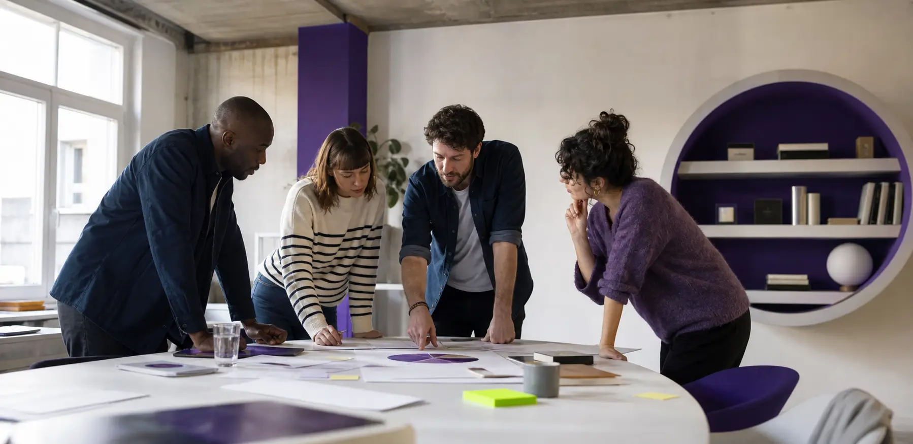 Un groupe échange autour de documents de travail dans un espace ponctué de violet.